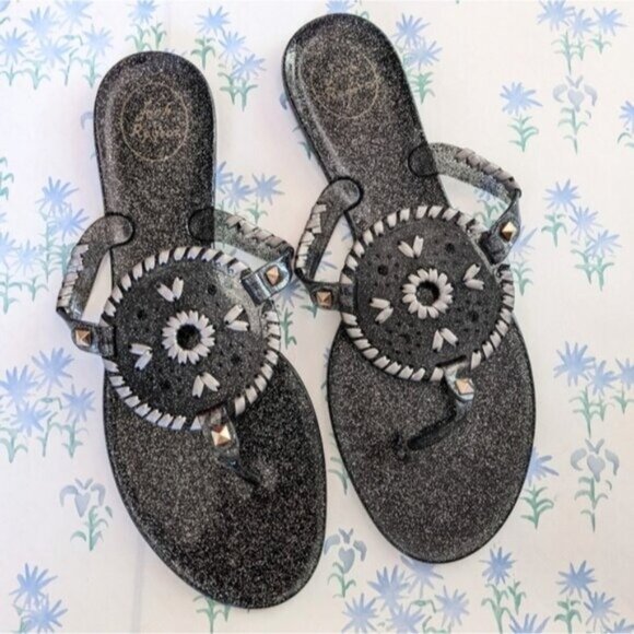 Jack Rogers Georgica Jelly Sandals 10 Black Silver Glitter Metallic Flip Flops - Picture 1 of 7
